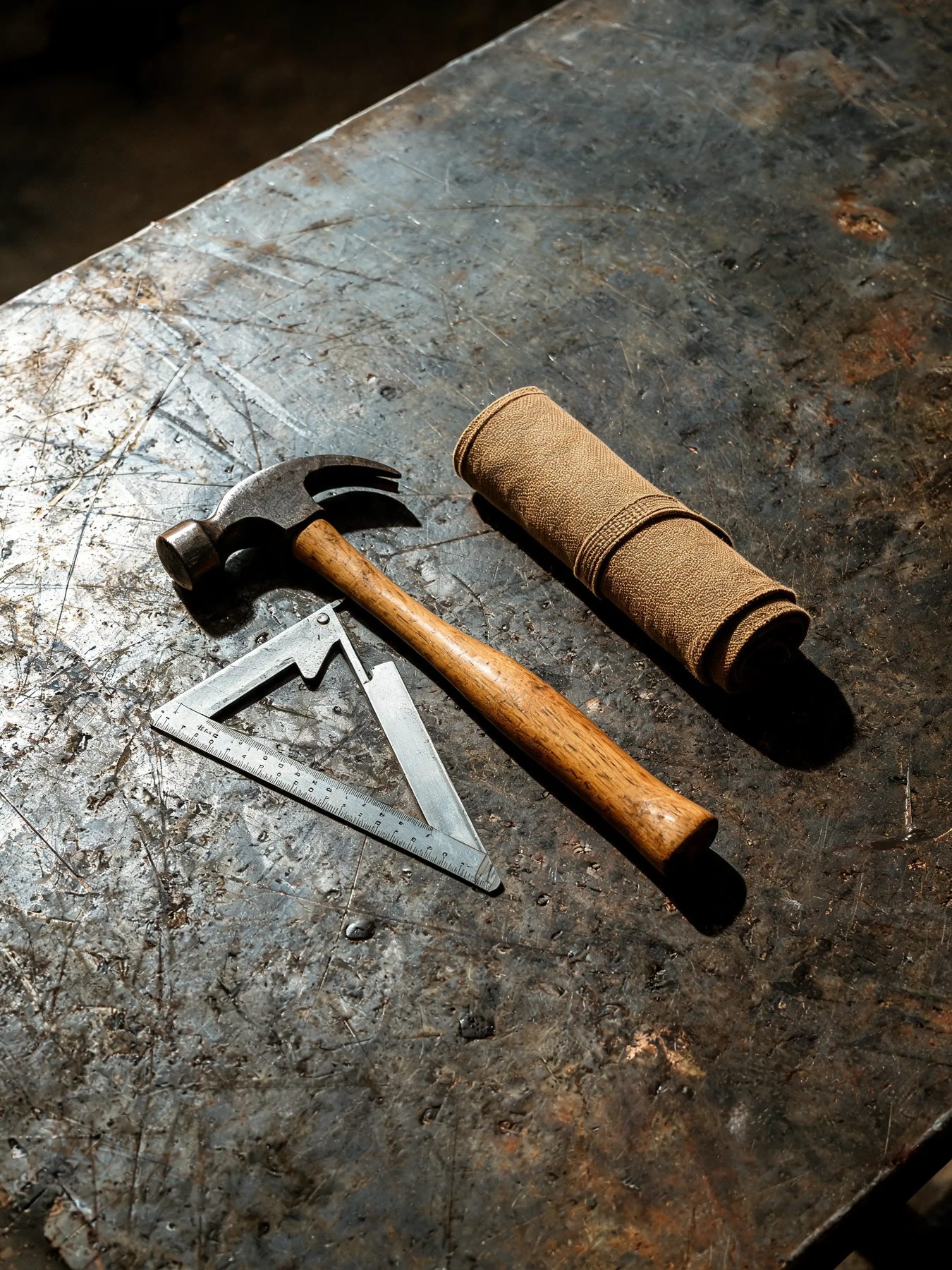 Hammer, combination square and canvas tool roll on a scarred steel bench