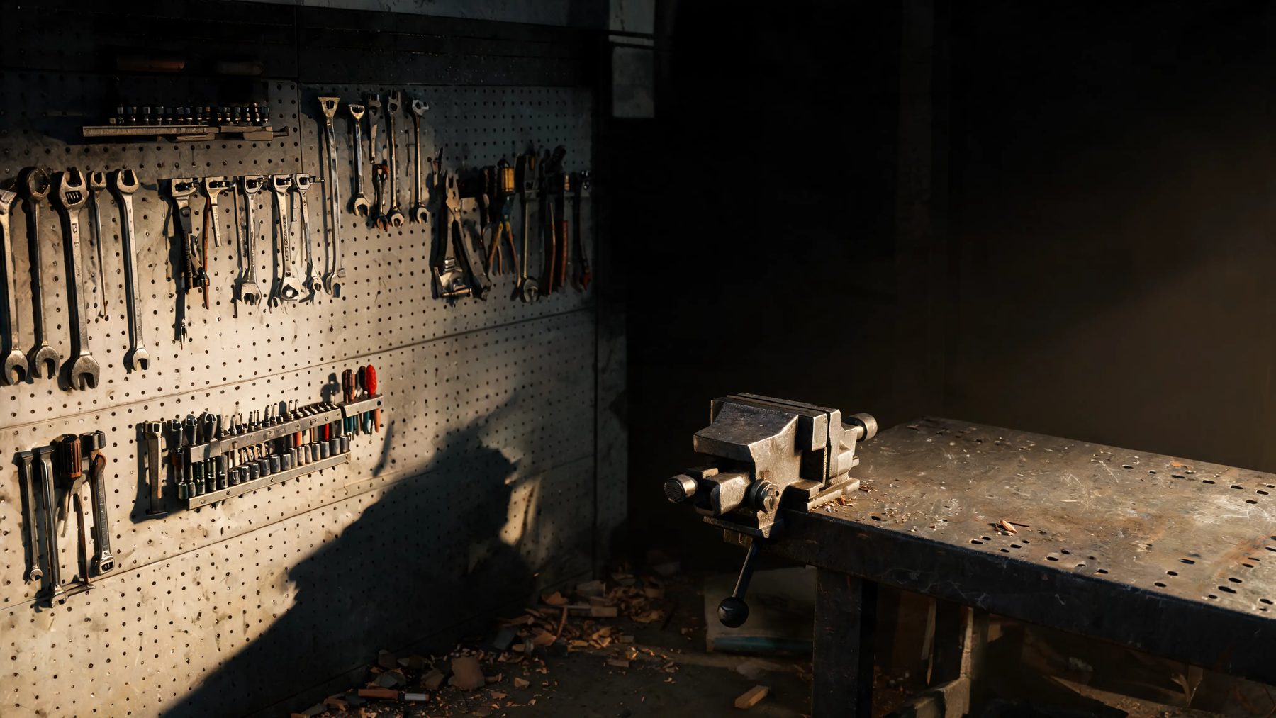 Shop corner with a pegboard wall, a bench vice and shavings on the floor